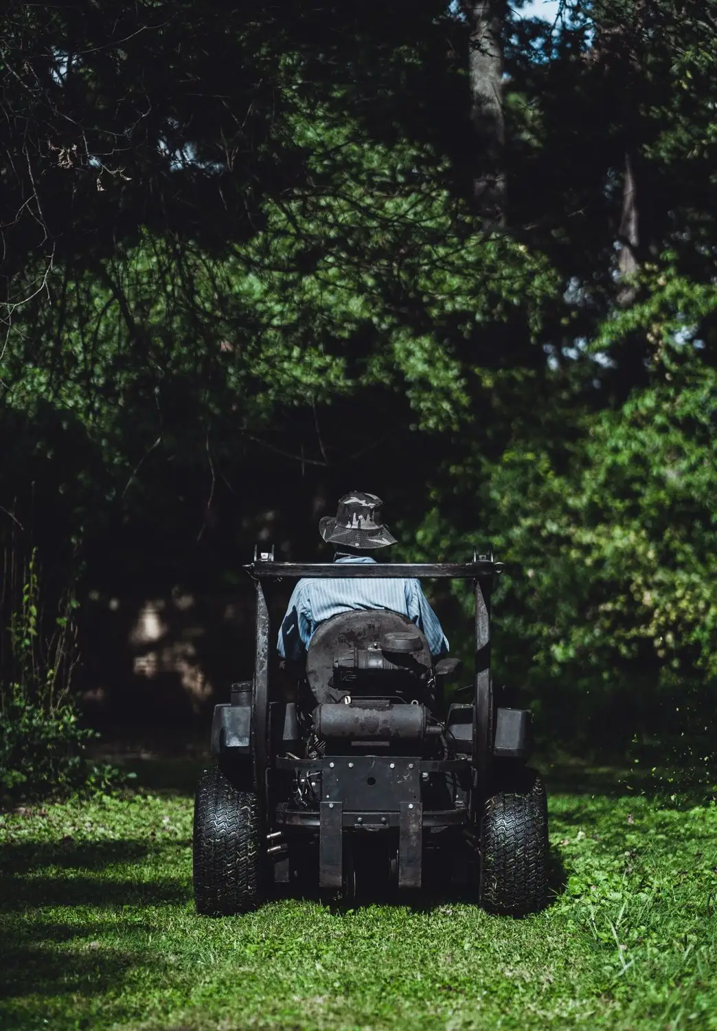 Worker on a zero-turn mower cutting a lawn beside dark trees